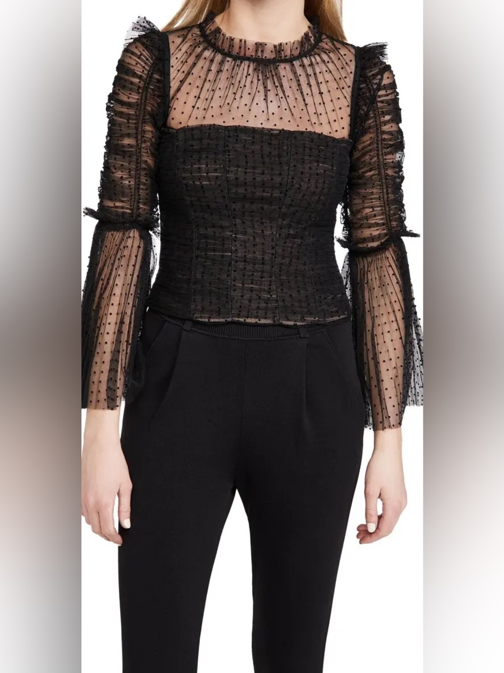 NWT Self-Portrait Dot Mesh Angel Sleeved Black Top Sz 10 Party Ruffle Designer